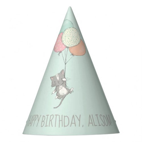 Sweet Gray Cat with Balloons Birthday Party Hat