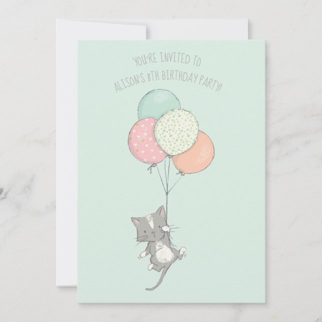 Sweet Gray Cat with Balloons Birthday Party Invitation (Front)