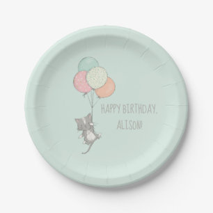 Sweet Gray Cat with Balloons Birthday Party Paper Plates