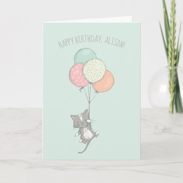 Sweet Gray Cat with Balloons Personalized Birthday Holiday Card (Front)