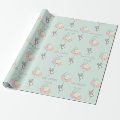 Sweet Gray Cat with Balloons Personalized Birthday Wrapping Paper