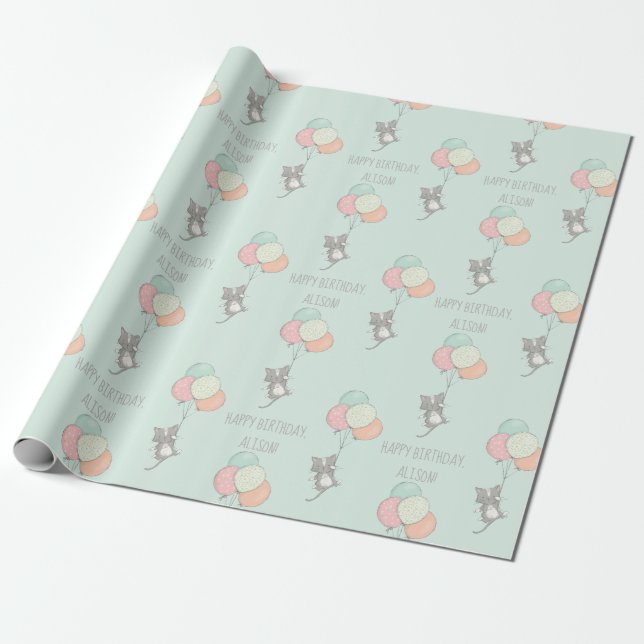 Sweet Gray Cat with Balloons Personalized Birthday Wrapping Paper (Unrolled)