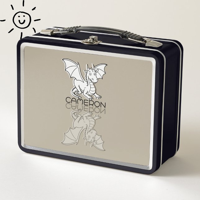 Sweet Gray Dragon Reflection Doodle Custom Name Metal Lunch Box (Creator Uploaded)