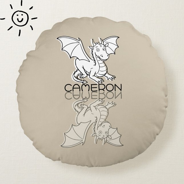 Sweet Gray Dragon Reflection Doodle Custom Name Round Pillow (Creator Uploaded)