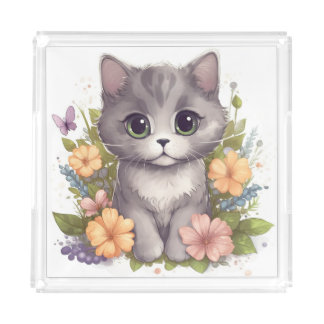Sweet Gray Kitten with Flowers Kawaii Chibi Acrylic Tray