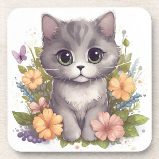 Sweet Gray Kitten with Flowers Kawaii Chibi Beverage Coaster