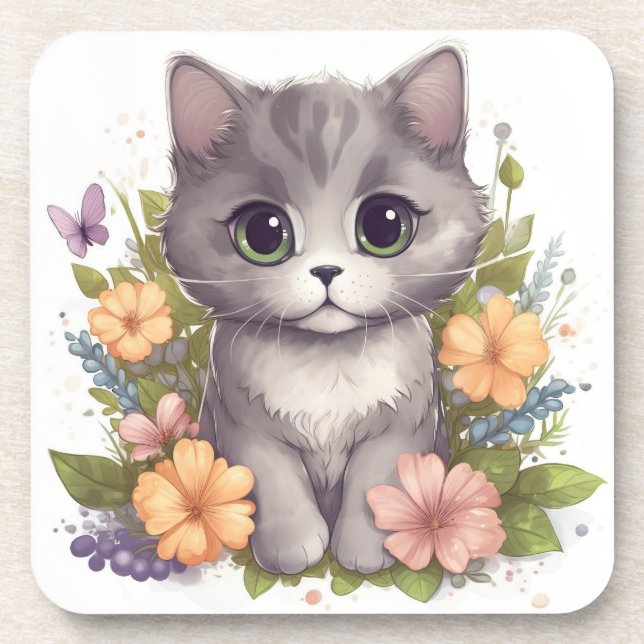 Sweet Gray Kitten with Flowers Kawaii Chibi Beverage Coaster (Front)