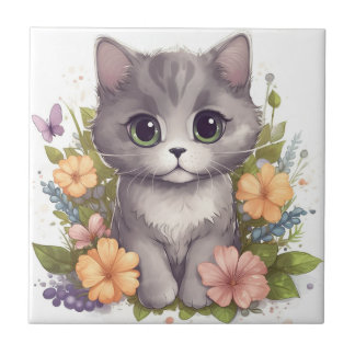 Sweet Gray Kitten with Flowers Kawaii Chibi Ceramic Tile