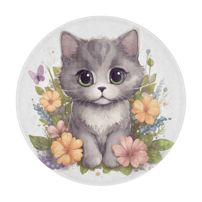 Sweet Gray Kitten with Flowers Kawaii Chibi Cutting Board (Front)