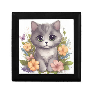 Sweet Gray Kitten with Flowers Kawaii Chibi Gift Box