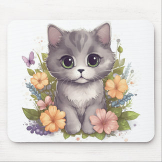 Sweet Gray Kitten with Flowers Kawaii Chibi Mouse Pad