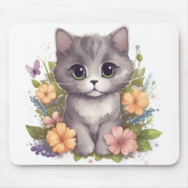 Sweet Gray Kitten with Flowers Kawaii Chibi Mouse Pad (Front)