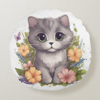 Sweet Gray Kitten with Flowers Kawaii Chibi Round Pillow