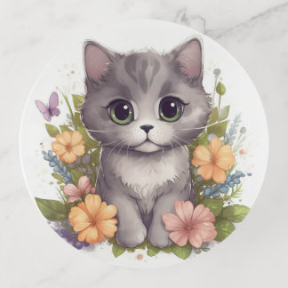 Sweet Gray Kitten with Flowers Kawaii Chibi Trinket Tray