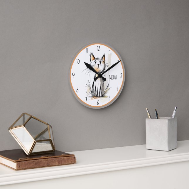 Sweet Gray & Orange Cat Illustration Round Clock (Office)