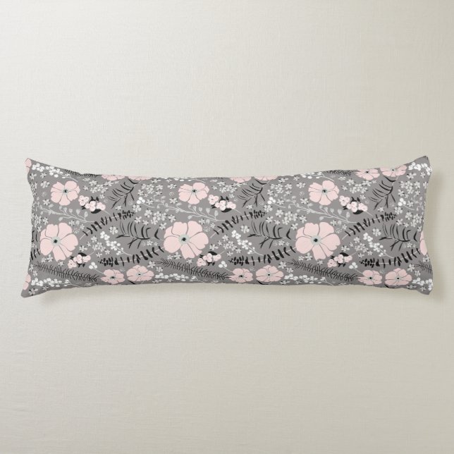 Sweet Gray Pink White Whimsical Floral Pattern Body Pillow (Front)