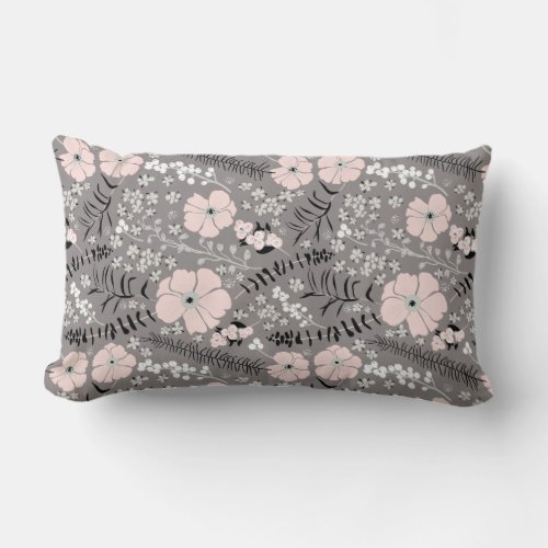 Sweet Gray Pink White Whimsical Floral Pattern Lumbar Pillow