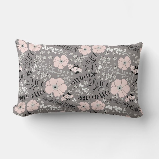 Sweet Gray Pink White Whimsical Floral Pattern Lumbar Pillow (Front)