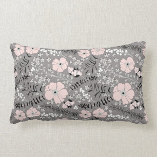Sweet Gray Pink White Whimsical Floral Pattern Lumbar Pillow