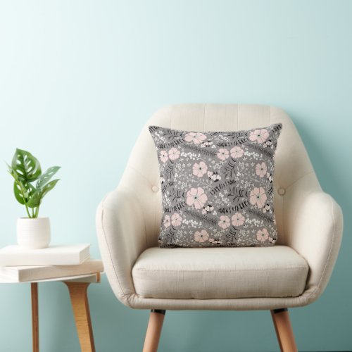 Sweet Gray Pink White Whimsical Floral Pattern Throw Pillow