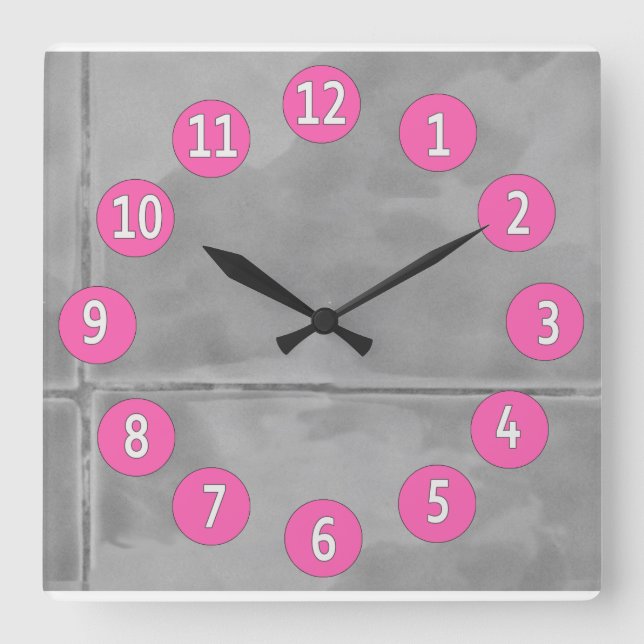 Sweet Gray Tiles with White Digits Pink Details Square Wall Clock (Front)