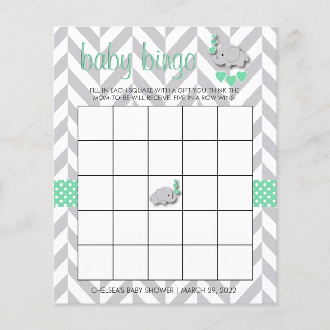 Sweet Green and Gray Elephant 🐘 Baby Shower Bingo Flyer (Front)