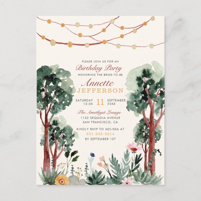 Sweet Green Botanical Trees Unique Birthday Party Invitation Postcard (Front)