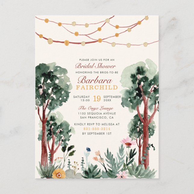 Sweet Green Botanical Trees Woodland Bridal Shower Invitation Postcard (Front)