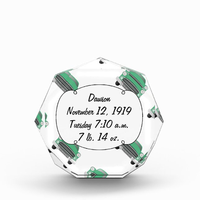 Sweet Green Classic Car Baby Boy Stats Acrylic Award (Front)