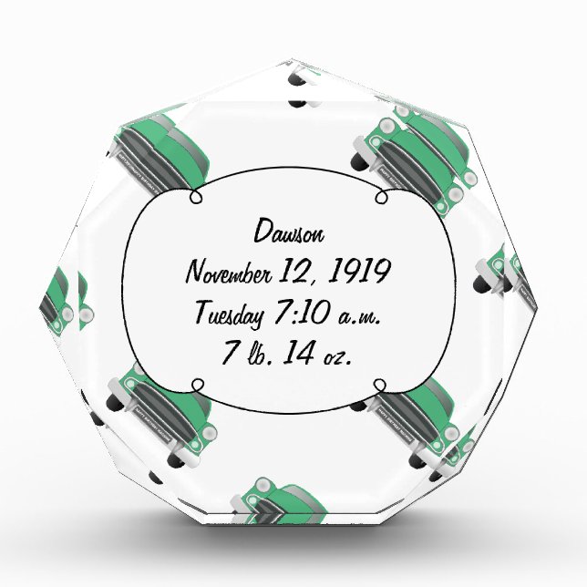 Sweet Green Classic Car Baby Boy Stats Acrylic Award (Front)