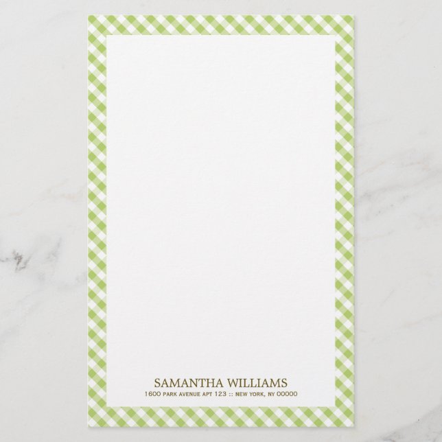 Sweet Green Gingham Pattern Stationery (Front)