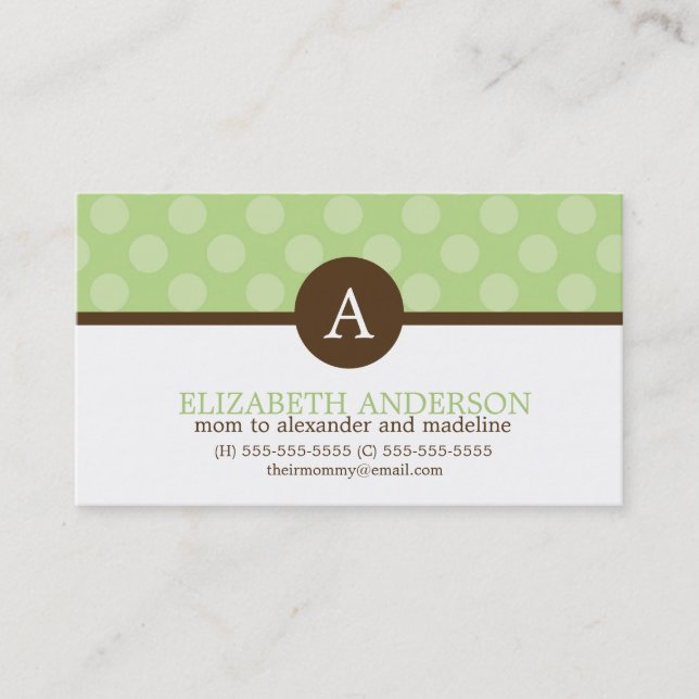 Sweet Green Polka Dots and Monogram Calling Card (Front)