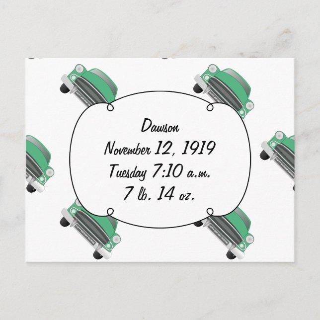 Sweet Green Retro Car Baby Boy Gifts Postcard (Front)