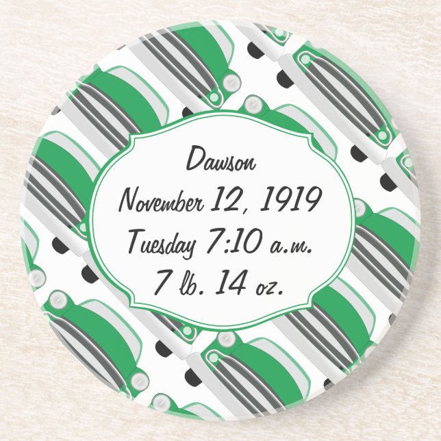 Sweet Green Retro Car Baby Shower Gifts Sandstone Coaster (Front)