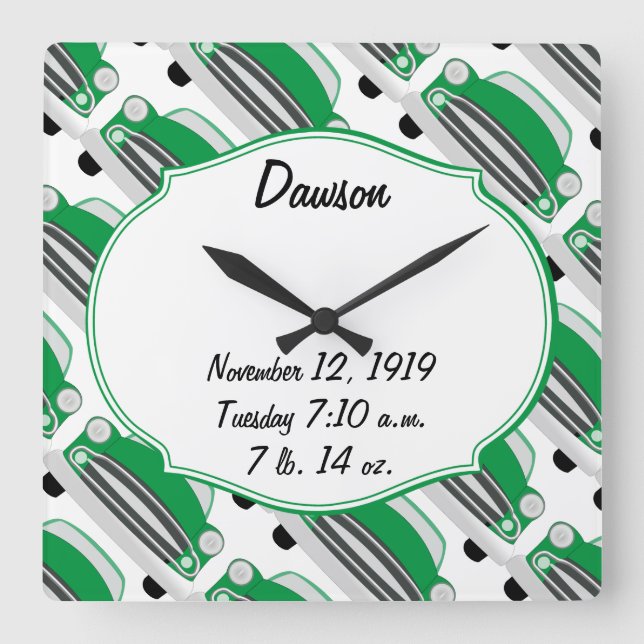 Sweet Green Retro Car Baby Shower Gifts Square Wall Clock (Front)