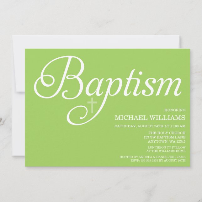Sweet Green Script Baptism Invitations (Front)