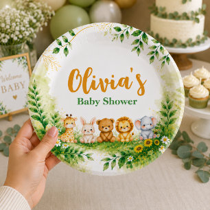 Sweet Green Watercolor Woodland Animals Party Paper Plates