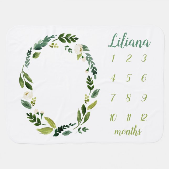 Sweet Greenery Baby Name Monthly Milestone Photo Baby Blanket (Horizontal)