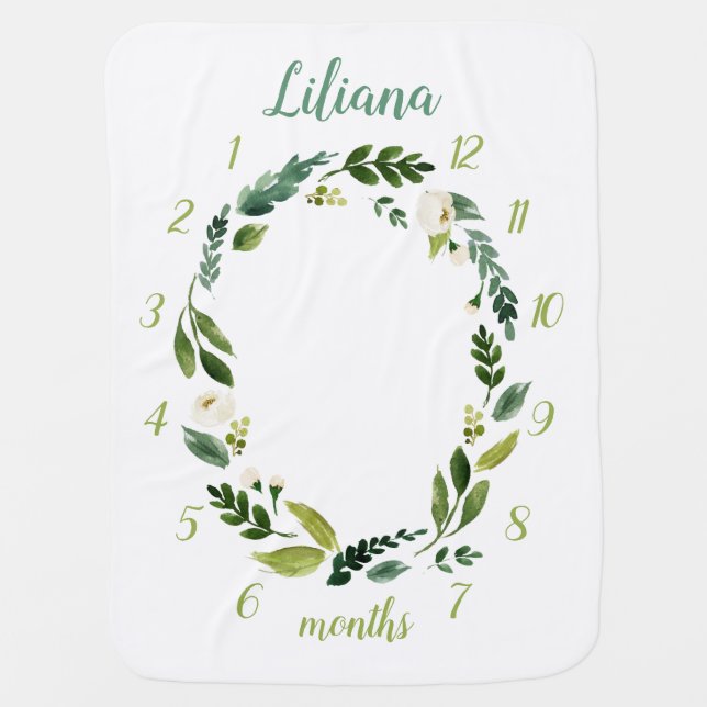 Sweet Greenery Baby Name Monthly Milestone Photo Baby Blanket (Front)