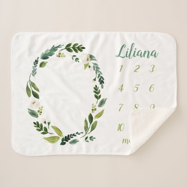 Sweet Greenery Baby Name Monthly Milestone Photo Sherpa Blanket (Front (Horizontal))