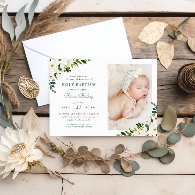 Sweet Greenery Floral Baby Girl Photo Baptism Invitation (Creator Uploaded)