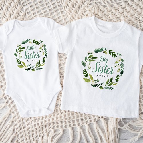 Sweet Greenery Floral Big Sister Name Monogram Baby T_Shirt