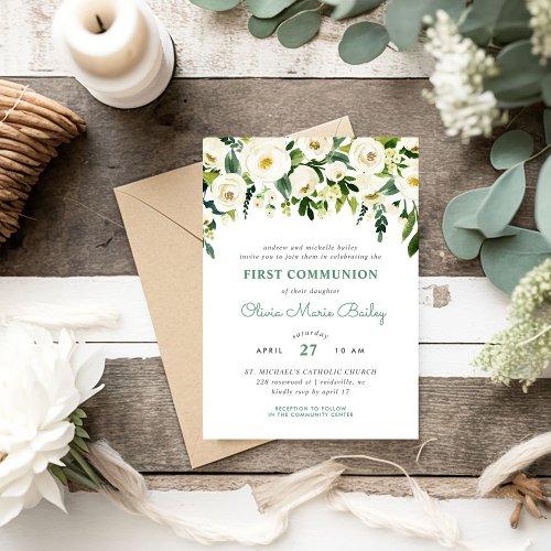 Sweet Greenery Floral First Communion Invitation