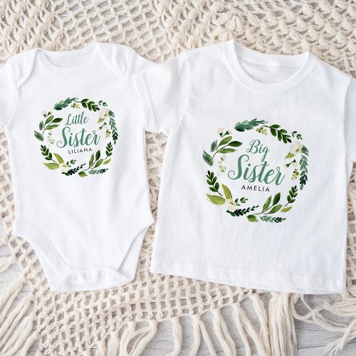 Sweet Greenery Floral Little Sister Name Monogram Baby Bodysuit