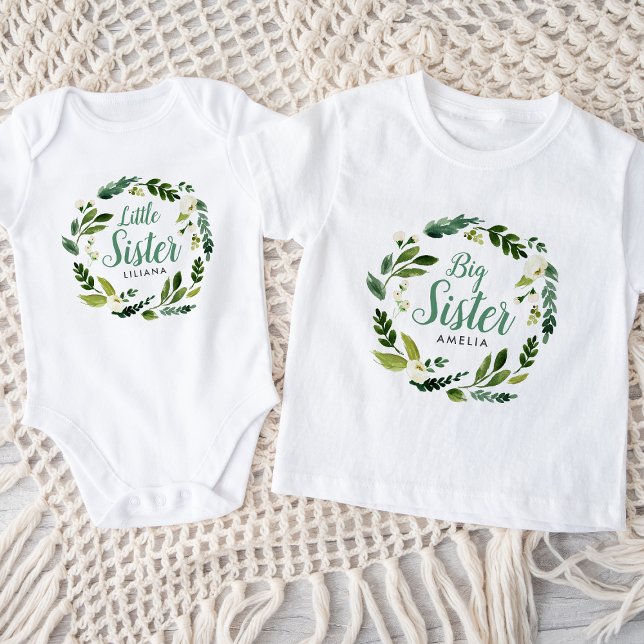 Sweet Greenery Floral Little Sister Name Monogram Baby Bodysuit (Creator Uploaded)