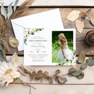 Sweet Greenery Floral Photo First Communion Invitation