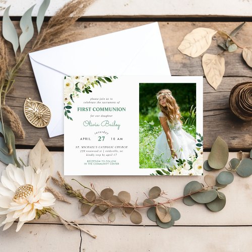 Sweet Greenery Floral Photo First Communion Invitation