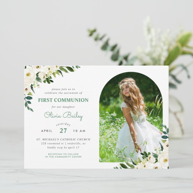 Sweet Greenery Floral Photo First Communion Invitation (Standing Front)
