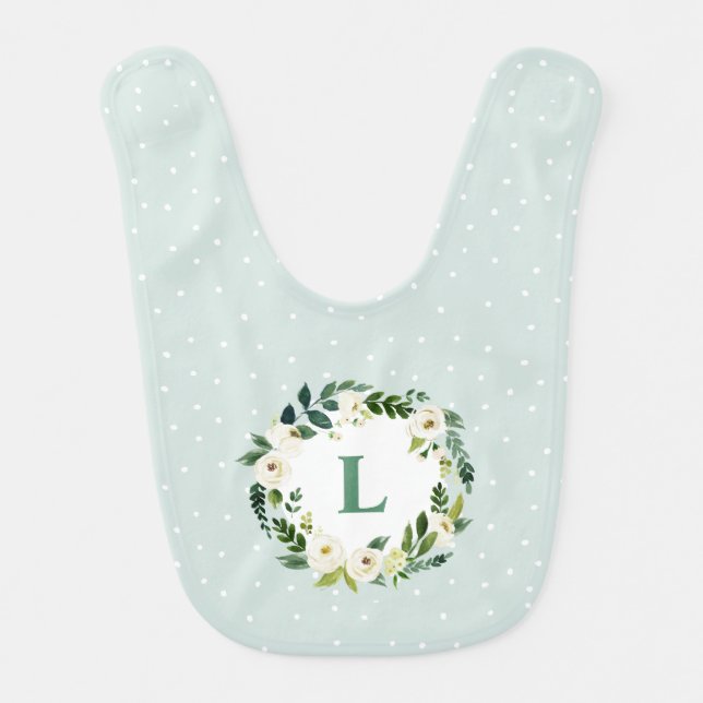 Sweet Greenery Floral Wreath Monogram Baby Bib (Front)