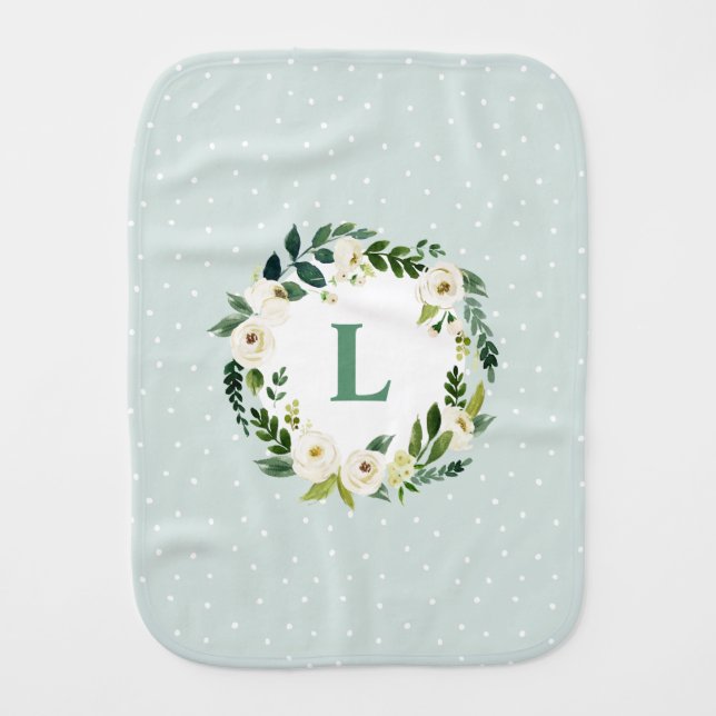 Sweet Greenery Floral Wreath Monogram Baby Burp Cloth (Front)